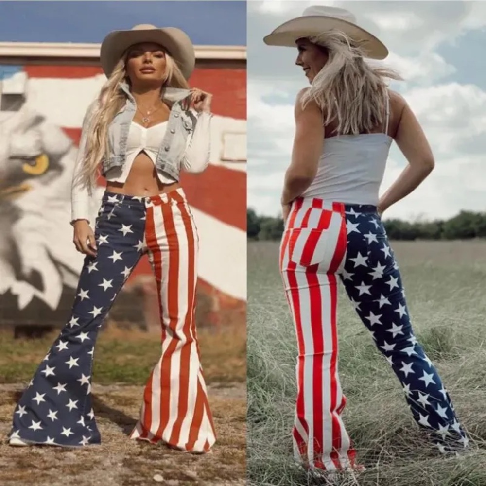KAC Women's Independence Day Flag Print Women's Flared Jeans - Blue